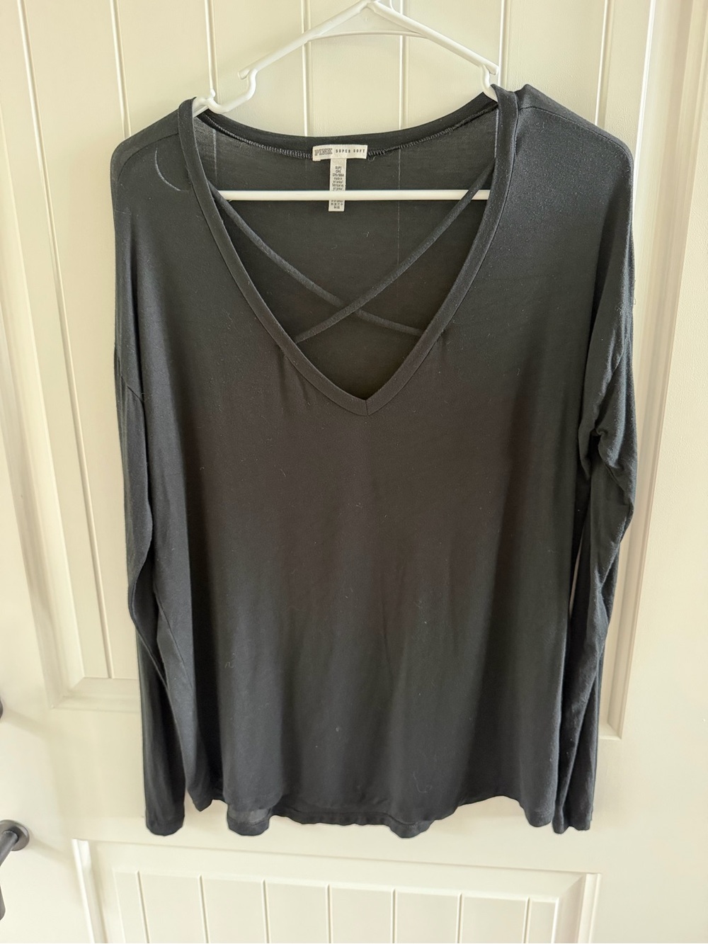 PINK Victoria's Secret Black Long-Sleeve V-Neck Top with Crisscross Detail